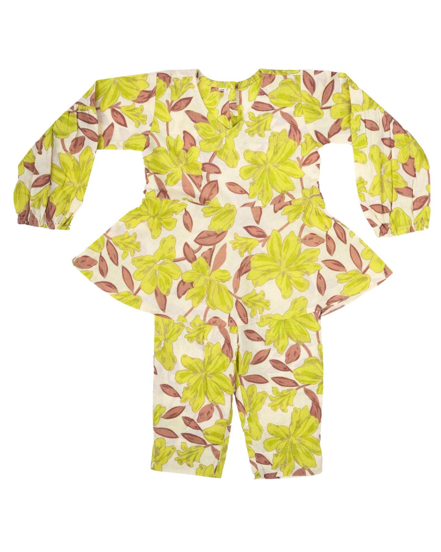 Pear green flora coord set for girls in pure cotton