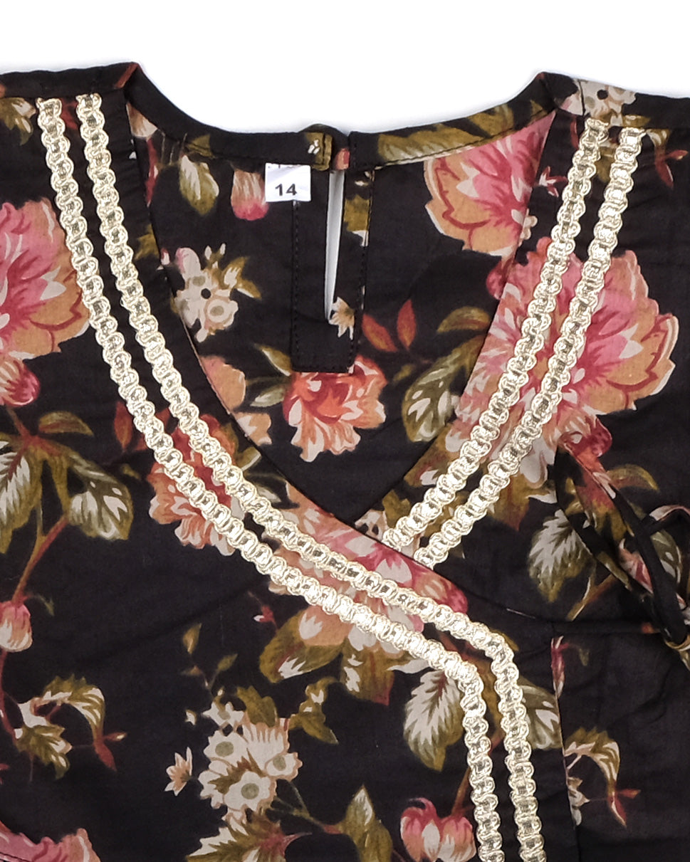 Midnight Florals Angrakha style pure cotton suit with Duppata