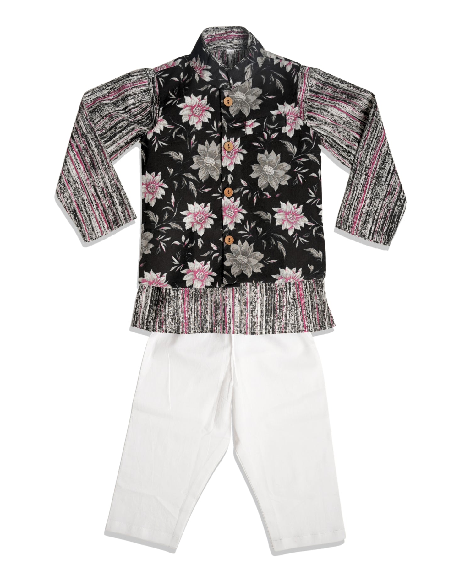 Black floral Three piece (jacket, kurta and pajama) set for boys