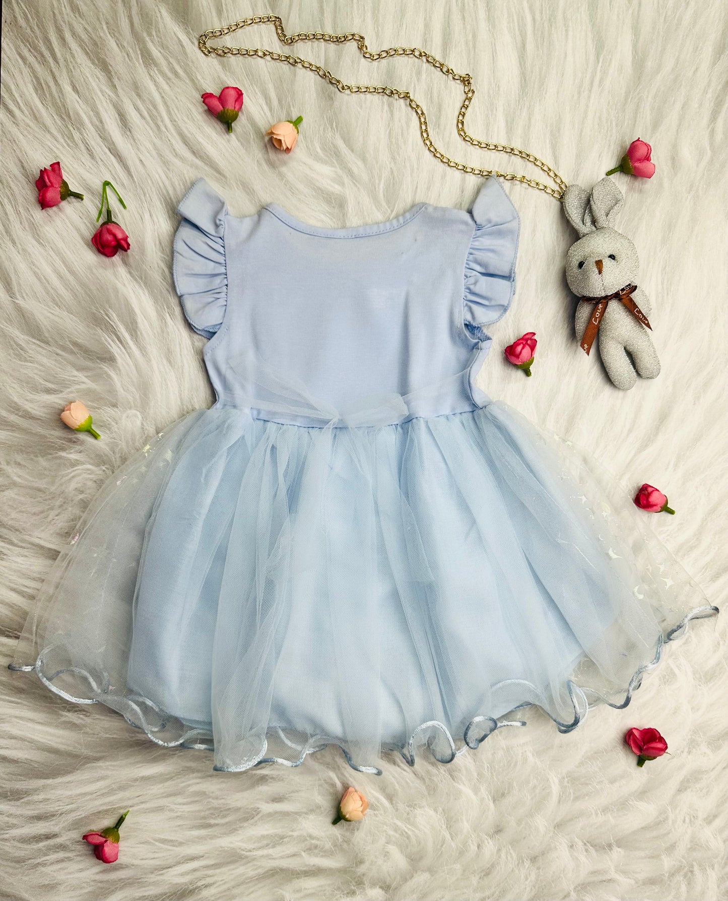 Baby blue frock dress with teddy chain and box packaging