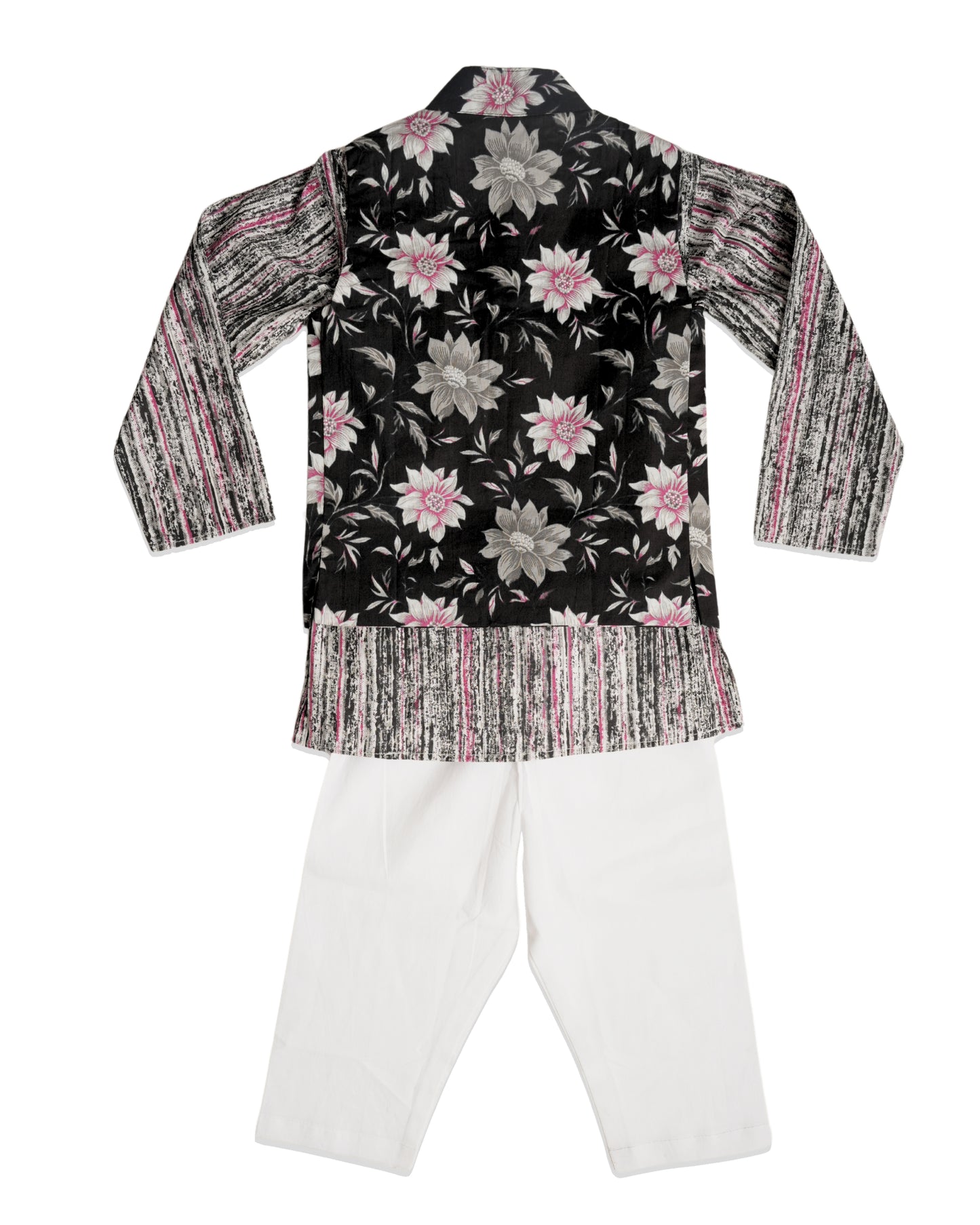 Black floral Three piece (jacket, kurta and pajama) set for boys