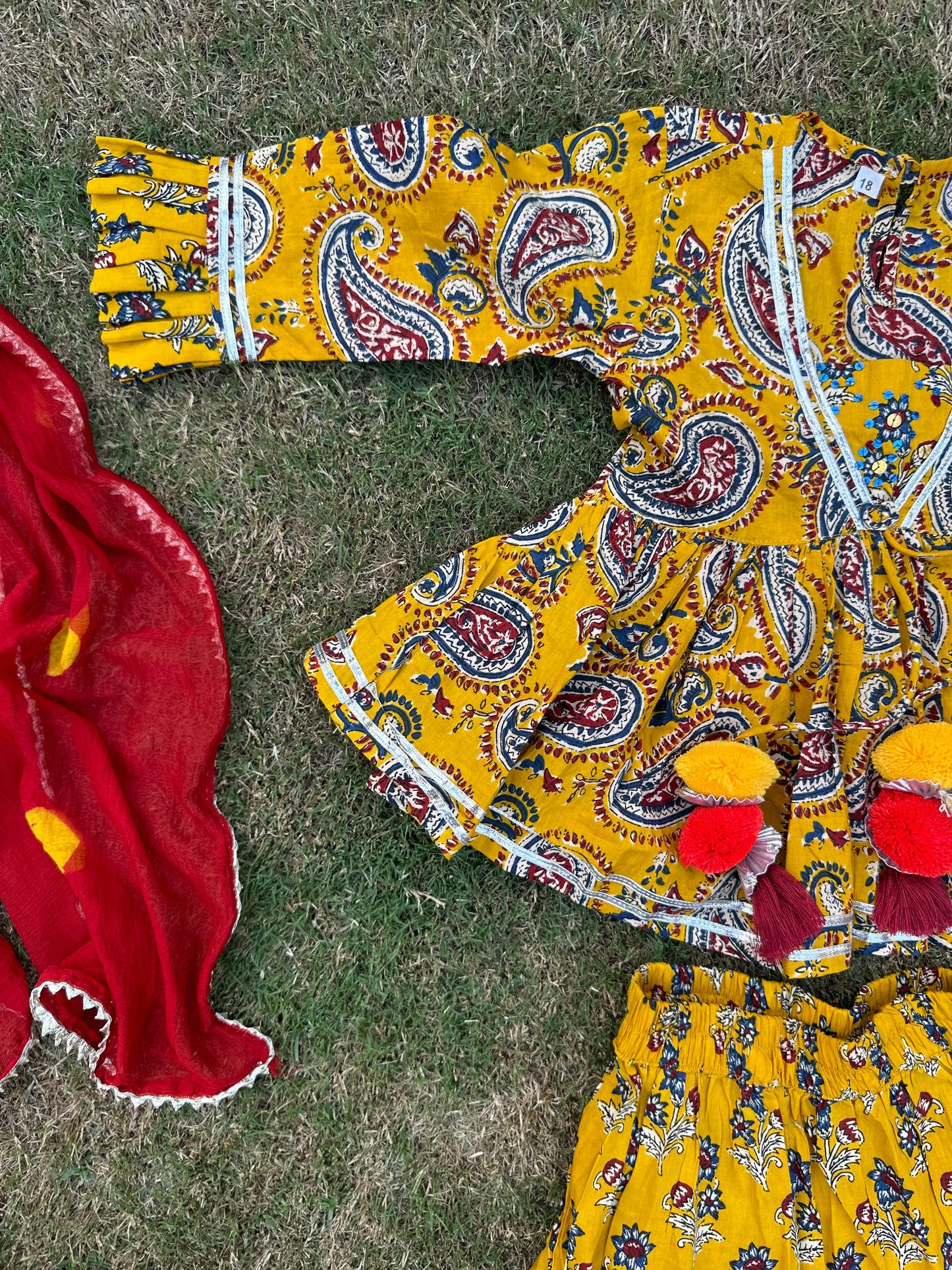 Yellow red handwork pure cotton lehenga with duppata -age group 6 months to 18 years