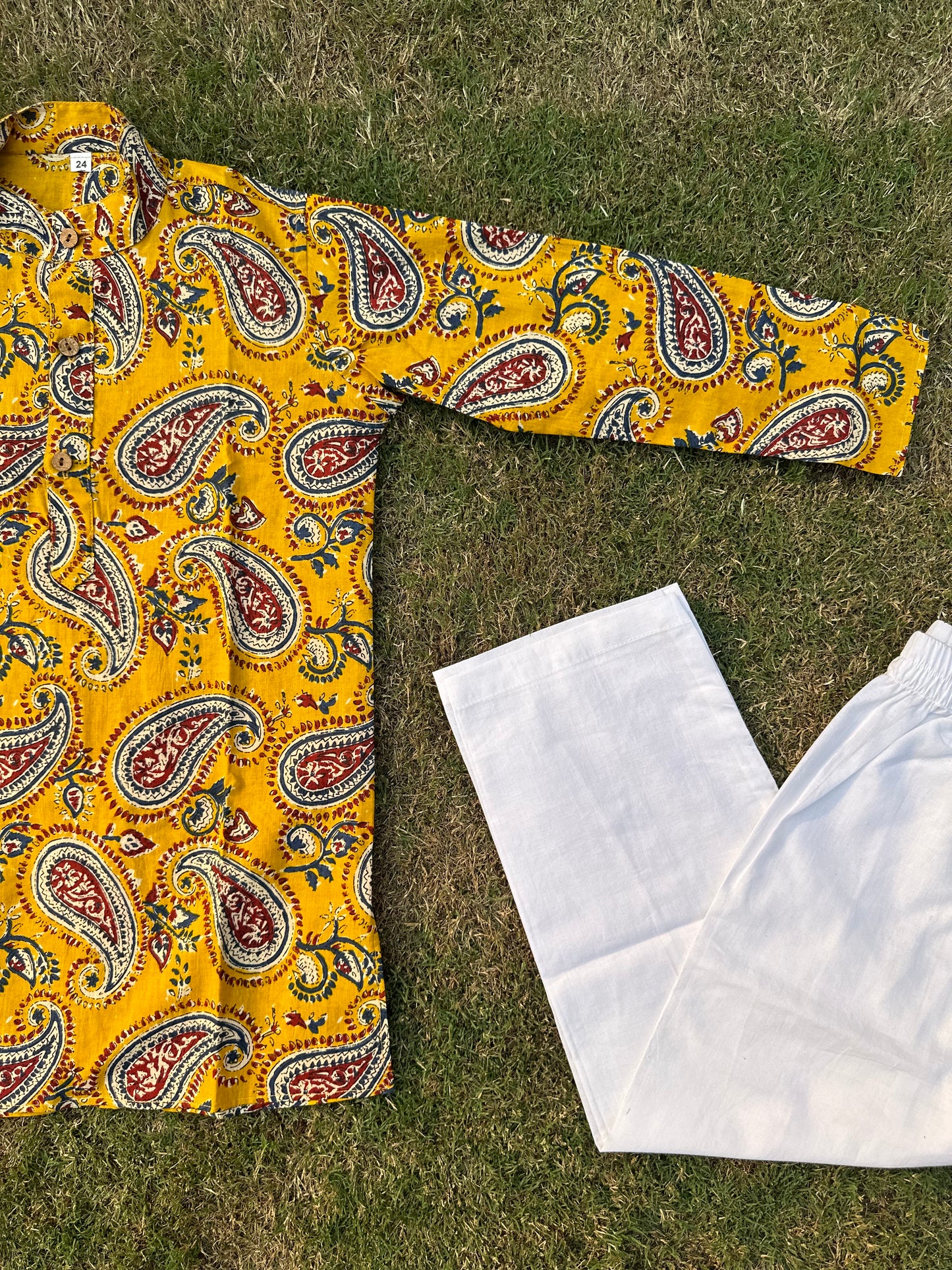 Yellow ambi pure cotton block print kurta pyjama for boys -age 6 months to 18 years