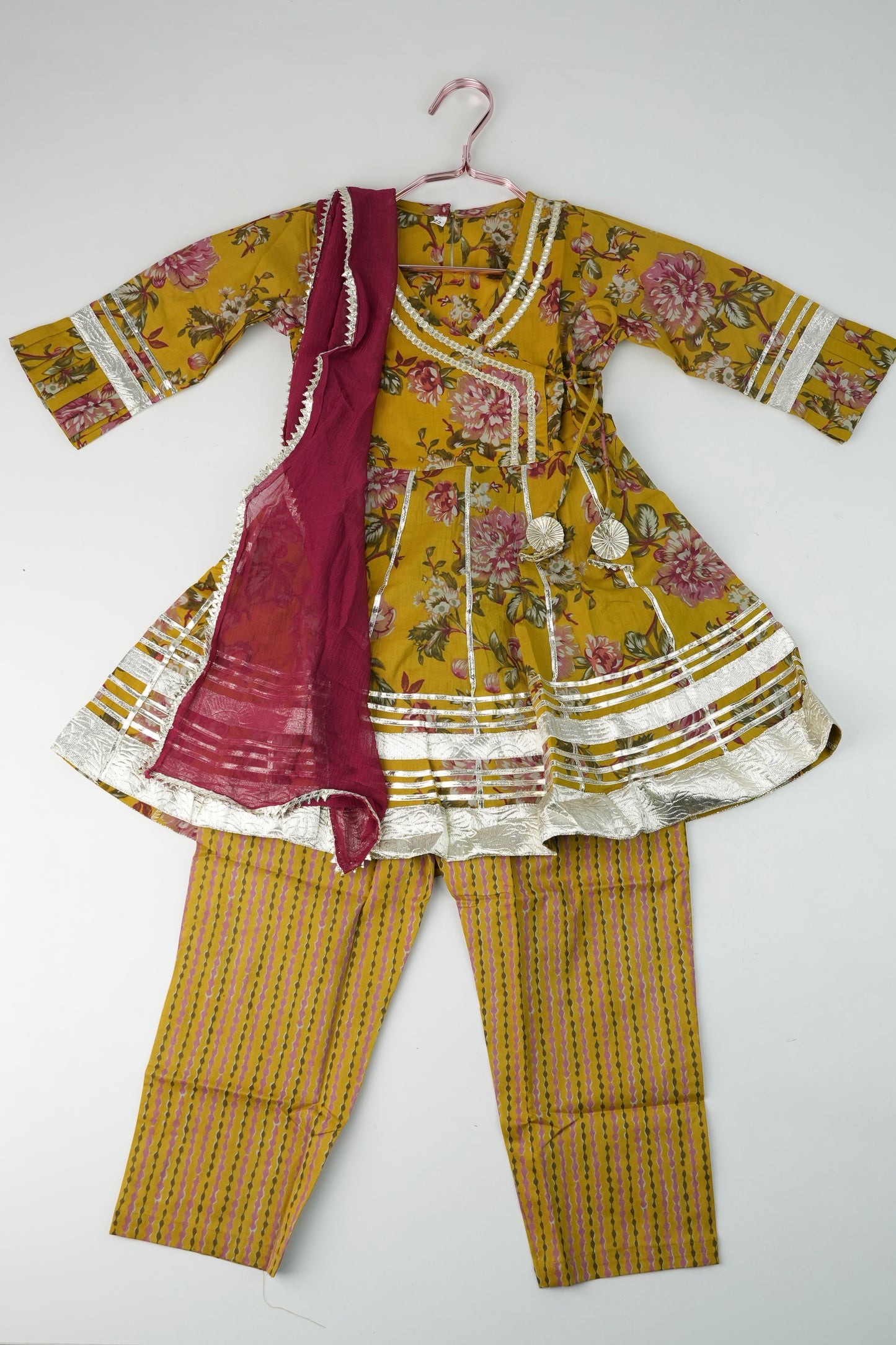 Mustard florals Angrakha suit for girls