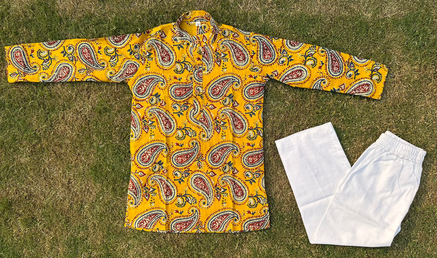 Yellow ambi pure cotton block print kurta pyjama for boys -age 6 months to 18 years