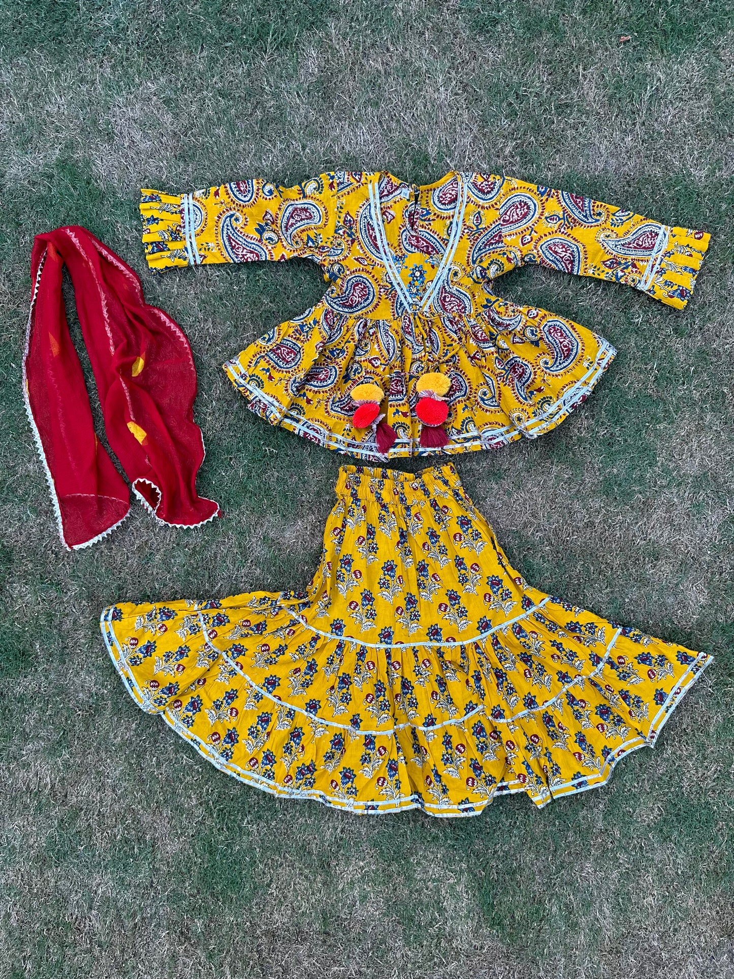 Yellow red handwork pure cotton lehenga with duppata -age group 6 months to 18 years