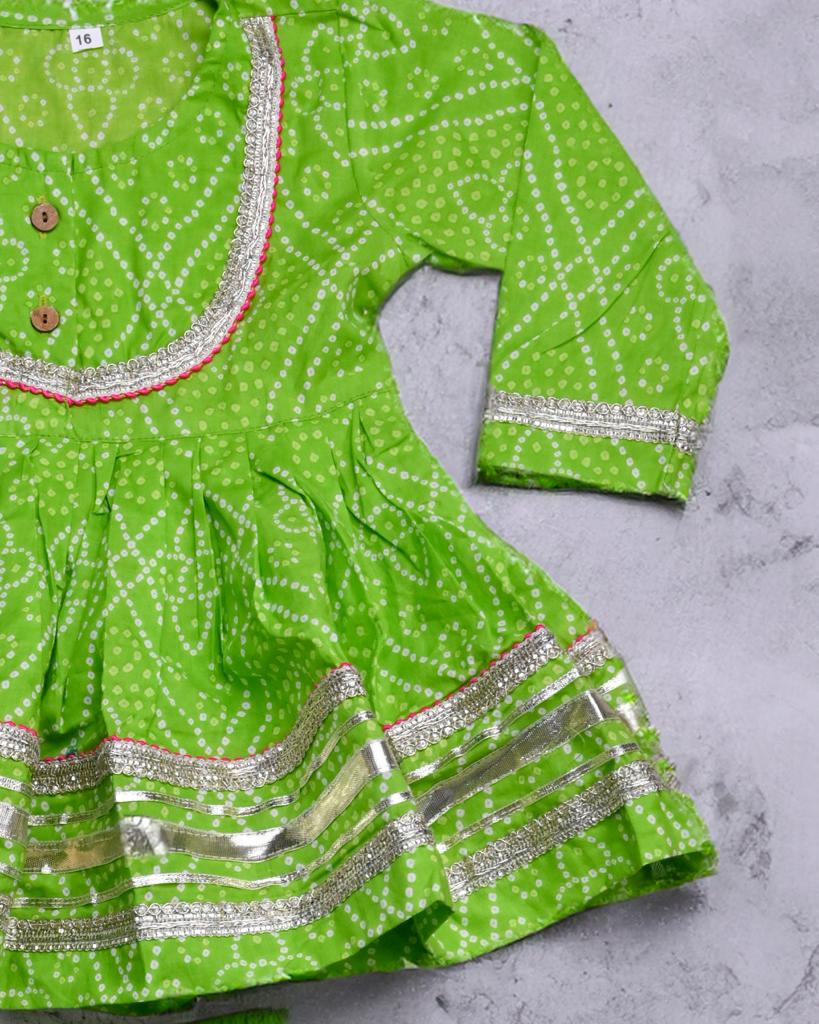 Parrot green Bandhej Coord set for girls in pure cotton