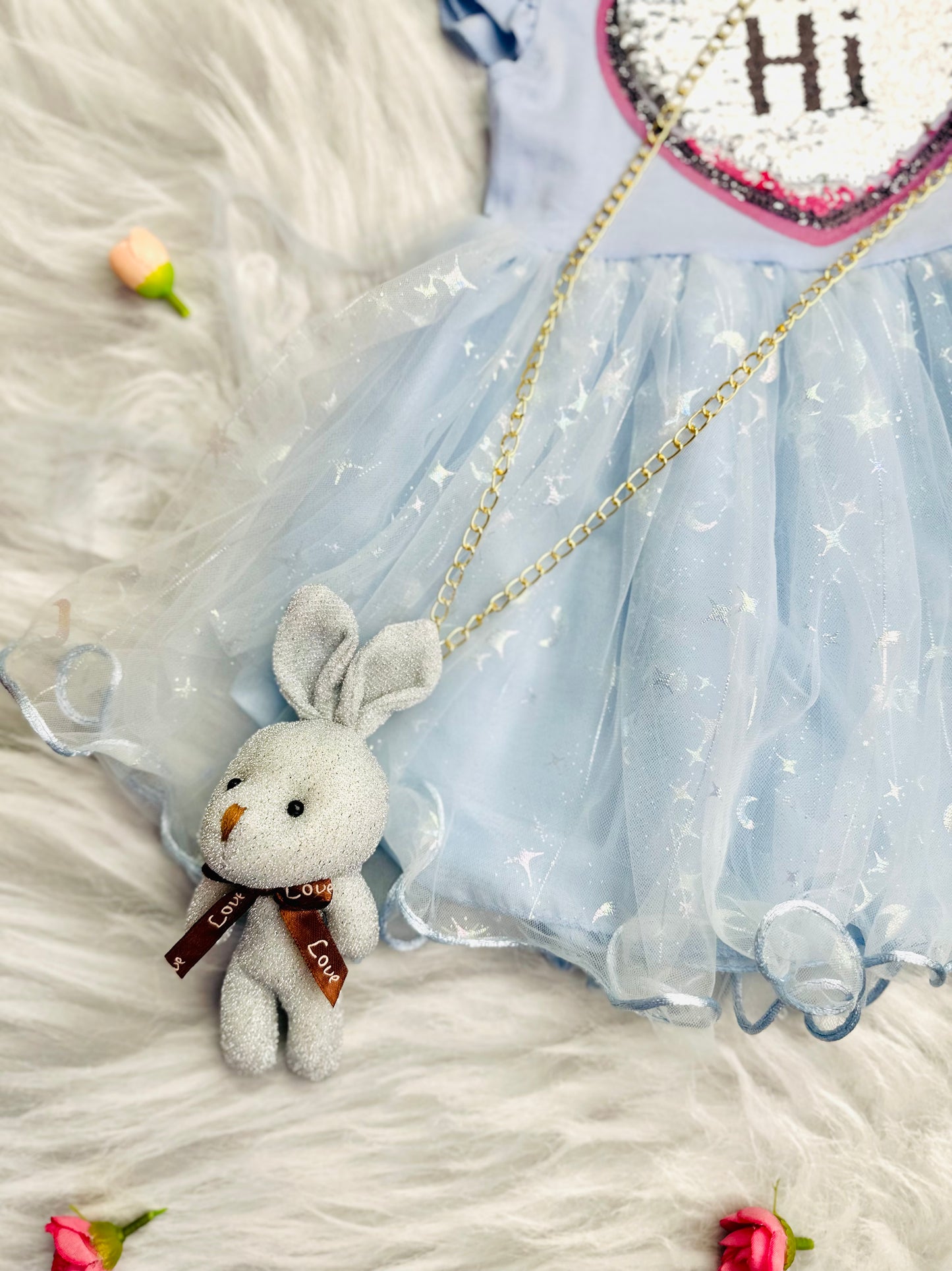 Baby blue frock dress with teddy chain and box packaging