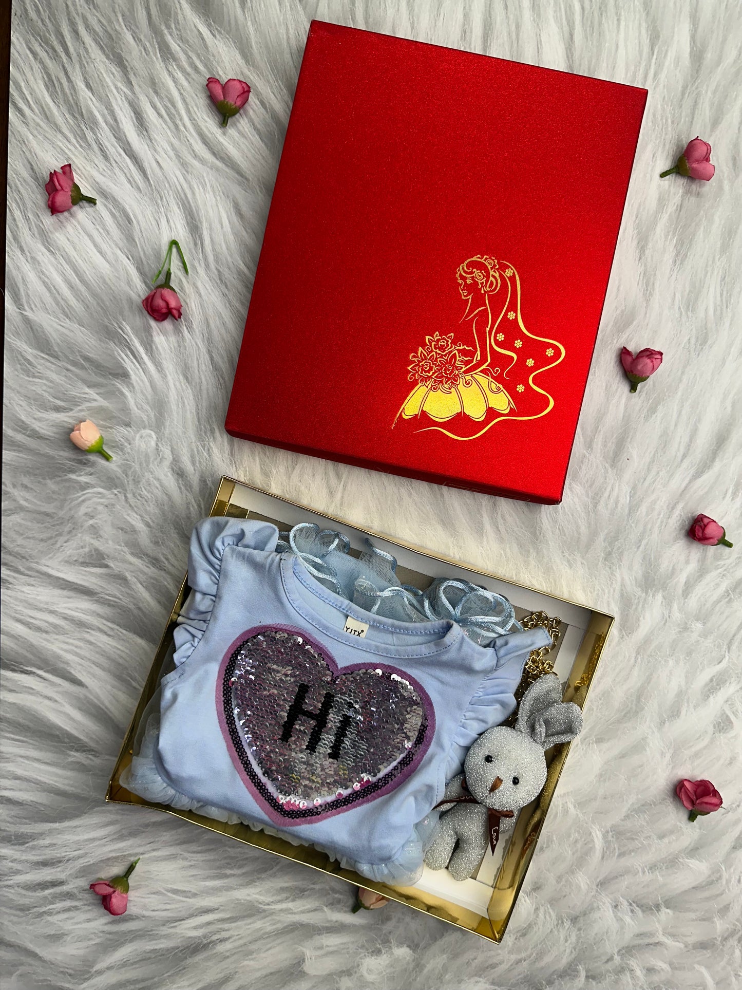 Baby blue frock dress with teddy chain and box packaging