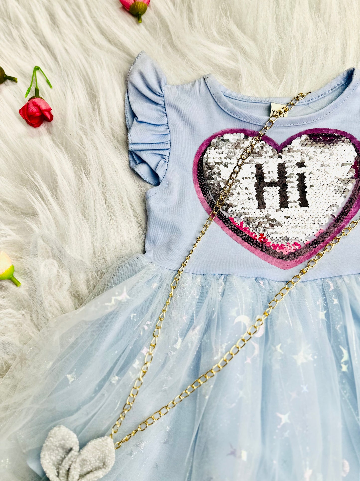 Baby blue frock dress with teddy chain and box packaging
