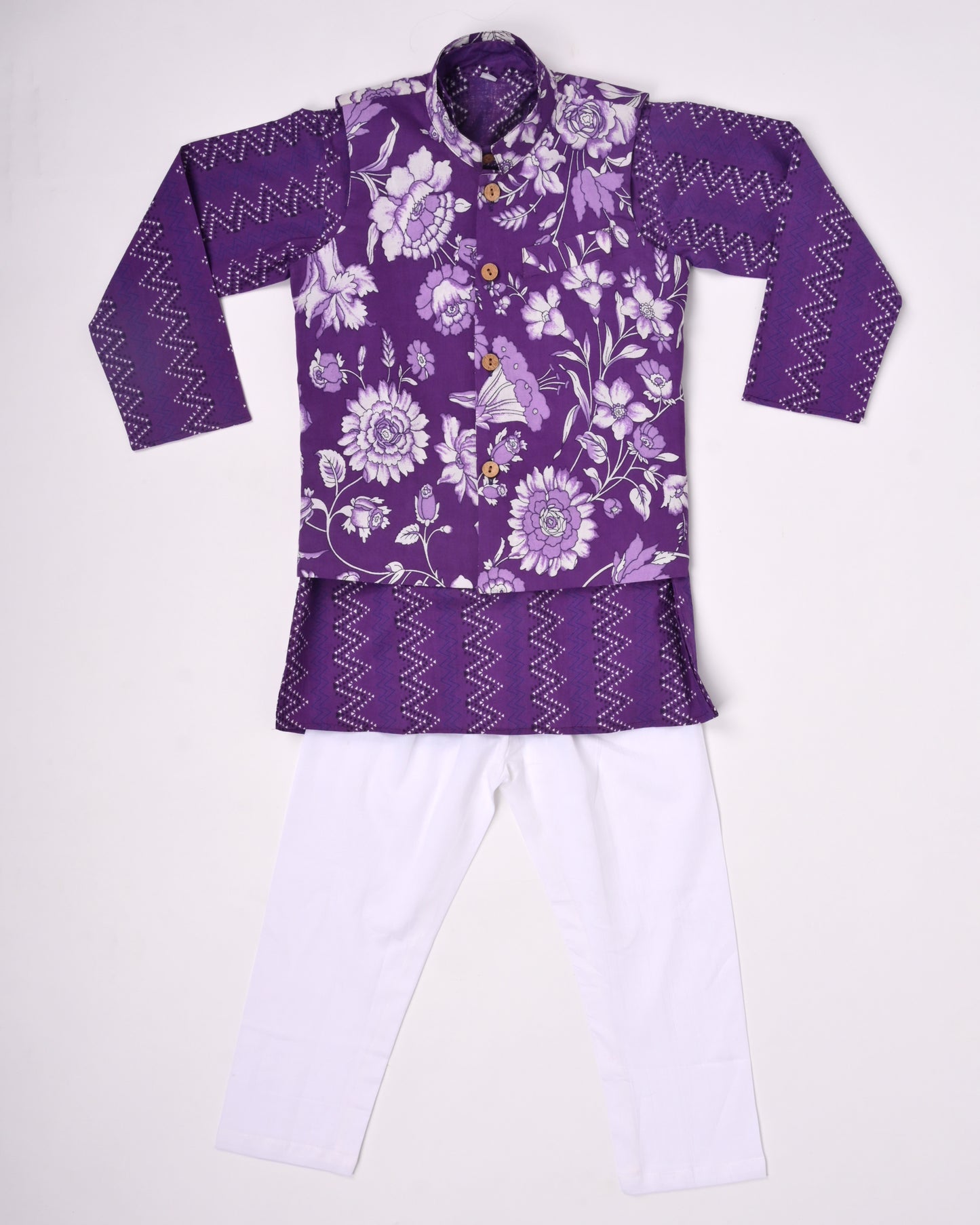 Purple Navaab Three piece (jacket, kurta and pajama) set for boys