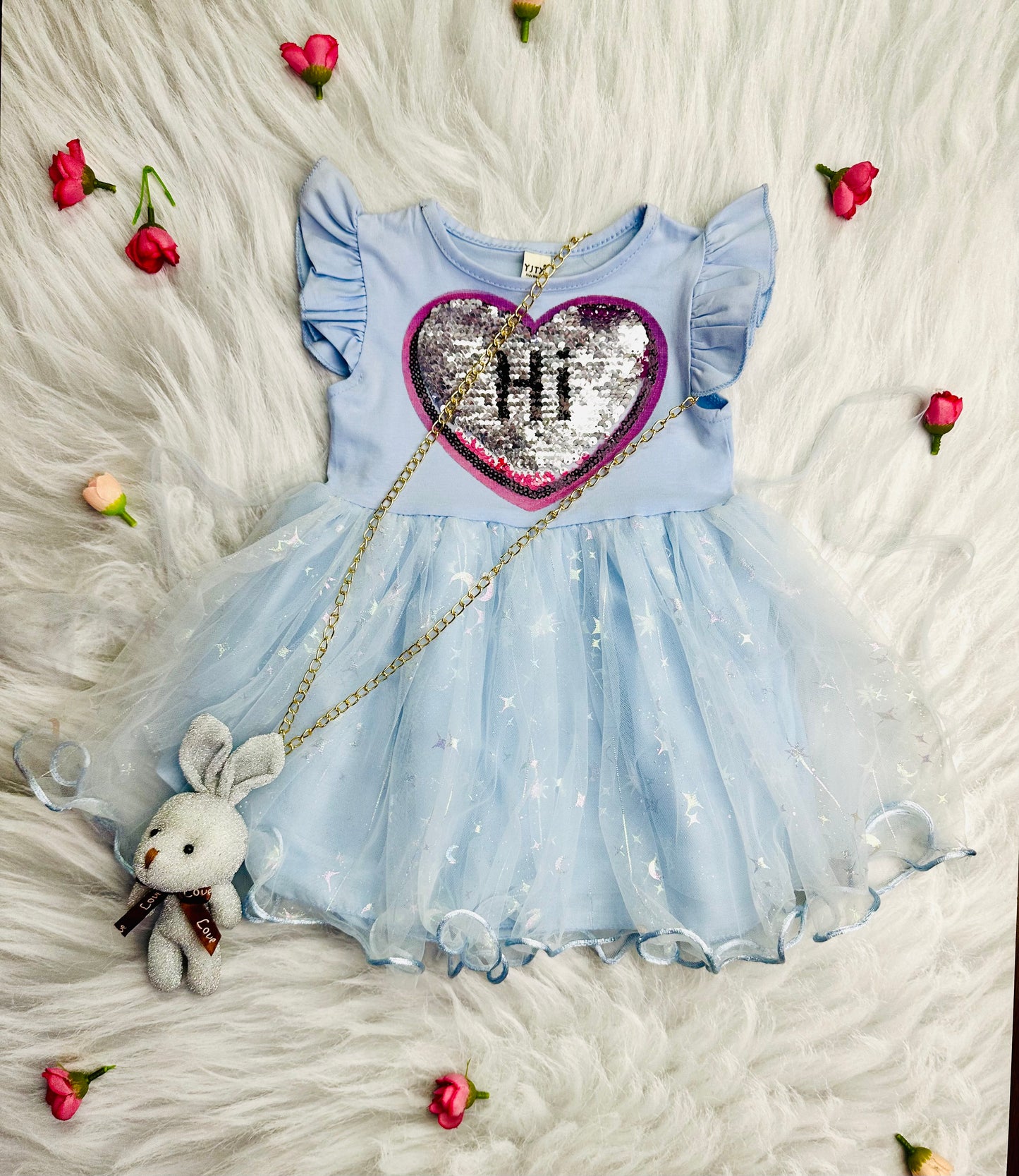 Baby blue frock dress with teddy chain and box packaging
