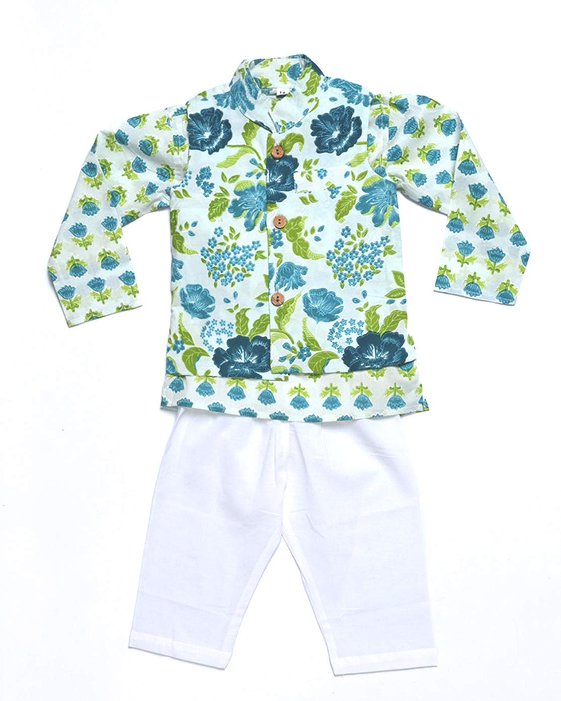 Blue floral Three piece (jacket, kurta and pajama) set for boys