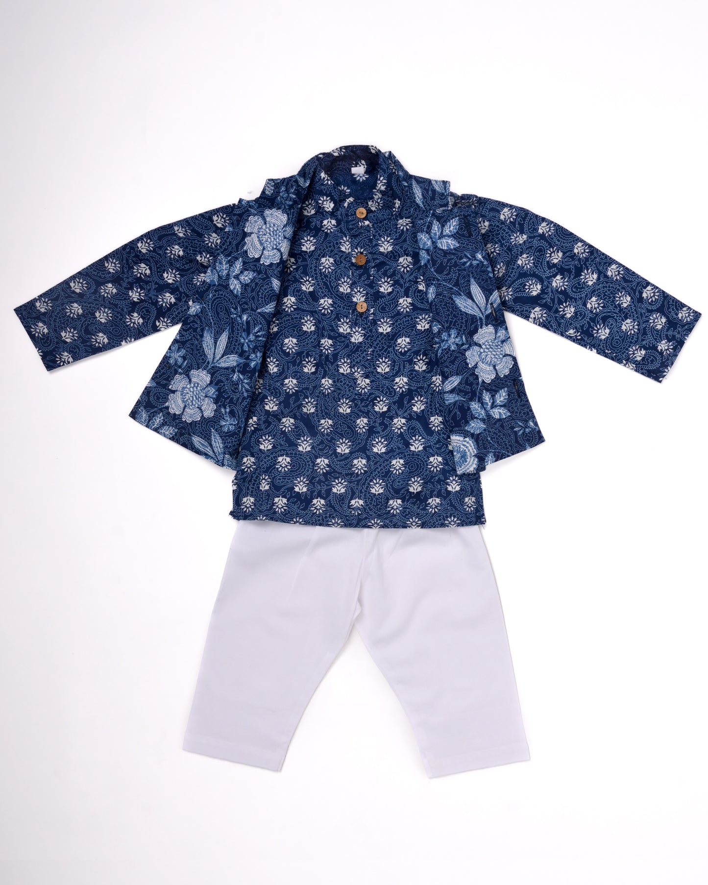 White Blue Royal Three piece (Jacket, kurta and pajama) set for boys