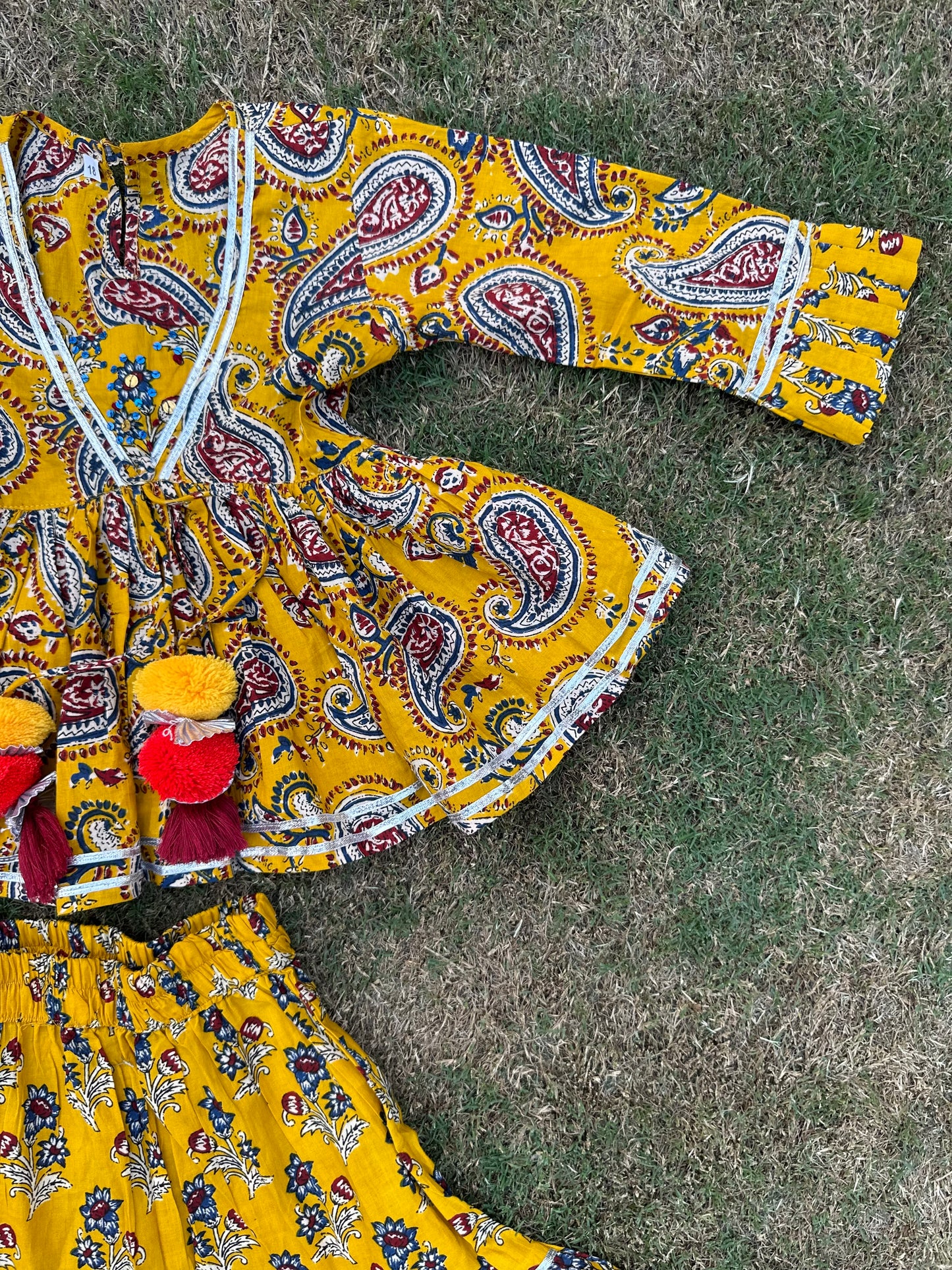 Yellow red handwork pure cotton lehenga with duppata -age group 6 months to 18 years