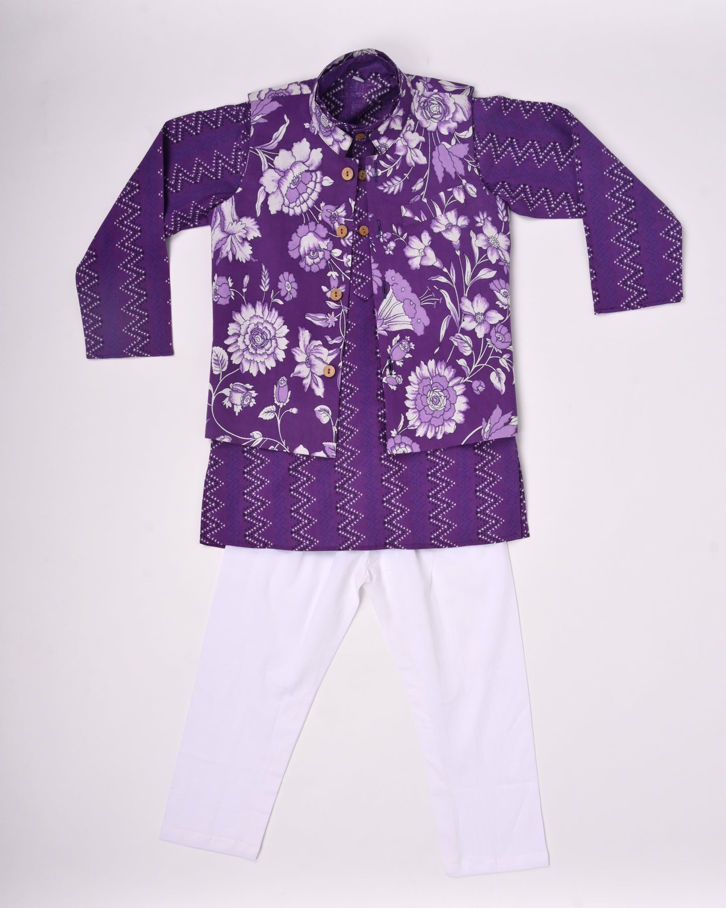 Purple Navaab Three piece (jacket, kurta and pajama) set for boys