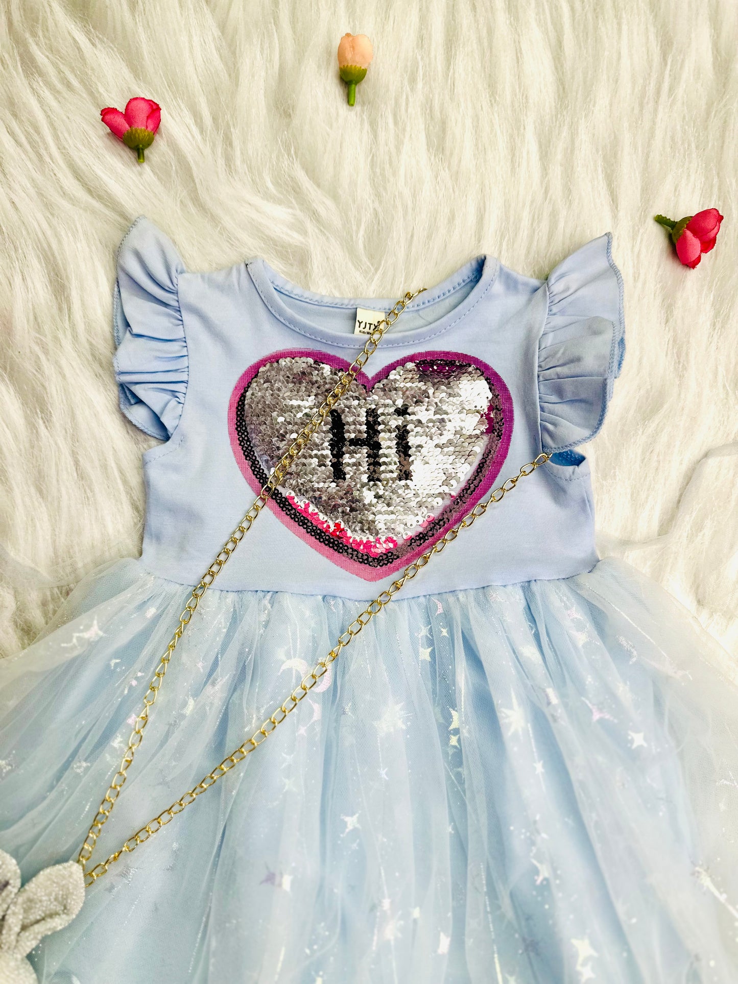 Baby blue frock dress with teddy chain and box packaging
