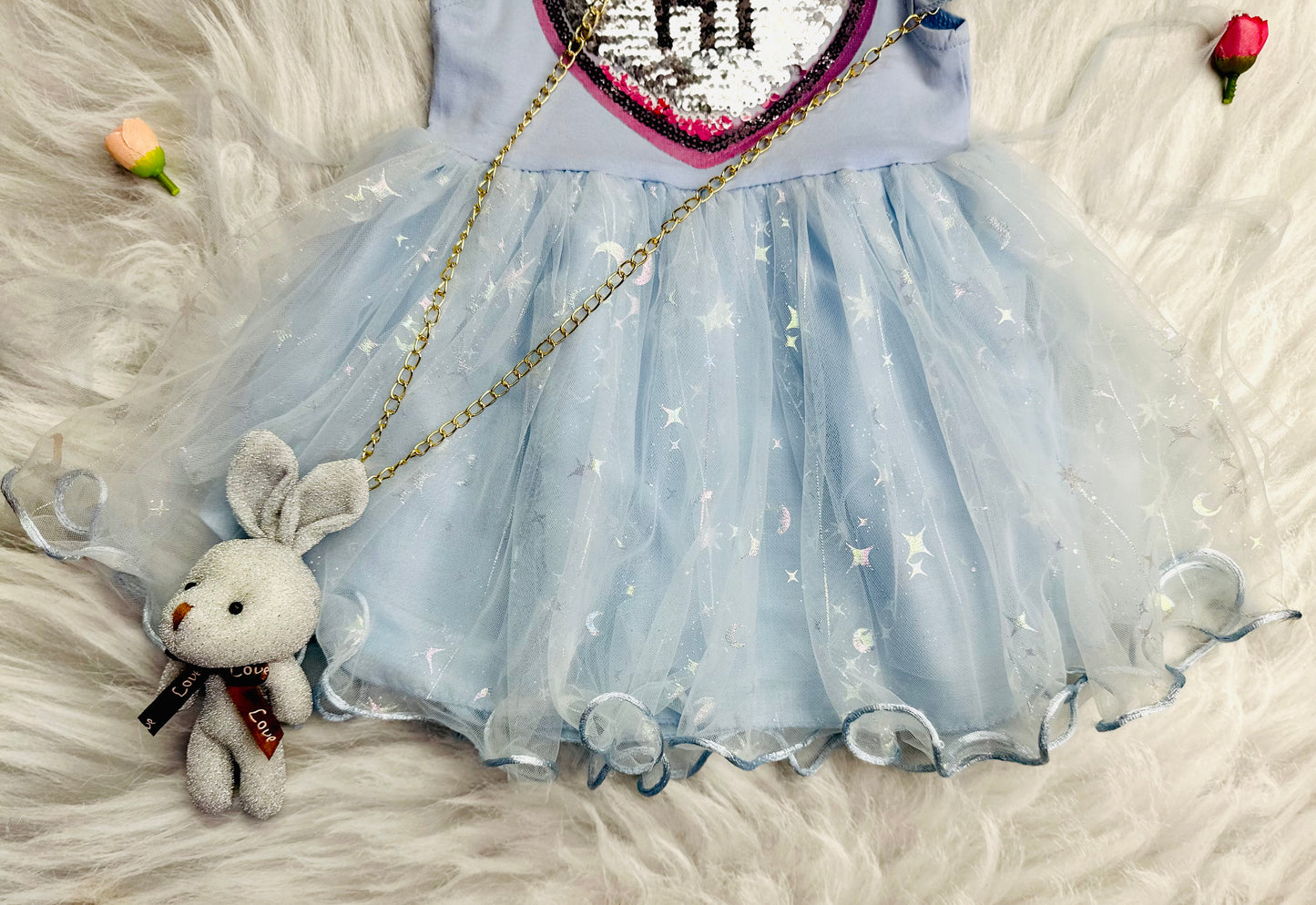 Baby blue frock dress with teddy chain and box packaging