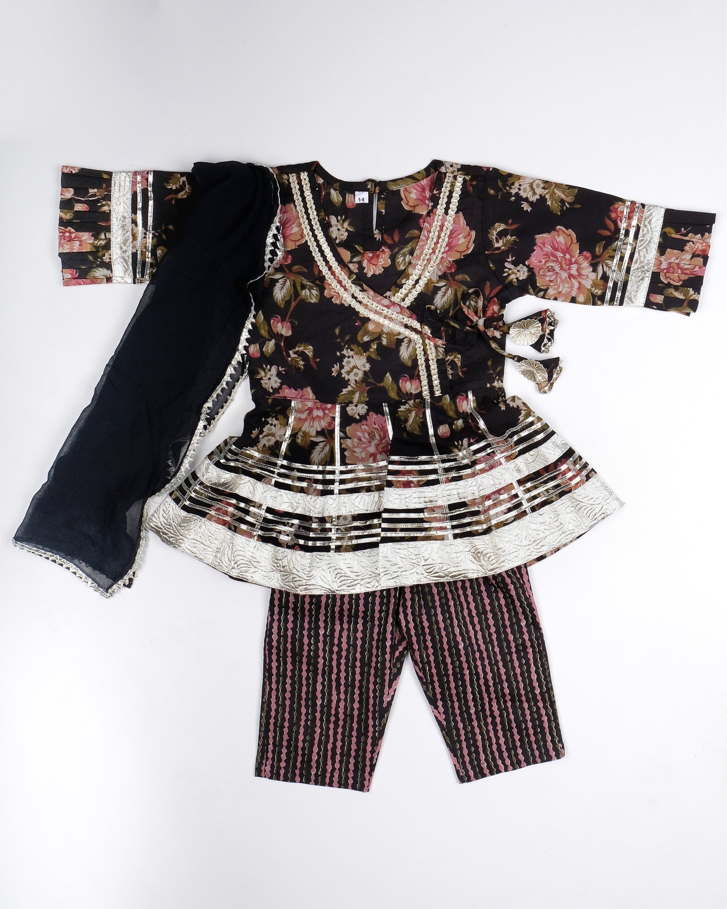 Midnight Florals Angrakha style pure cotton suit with Duppata