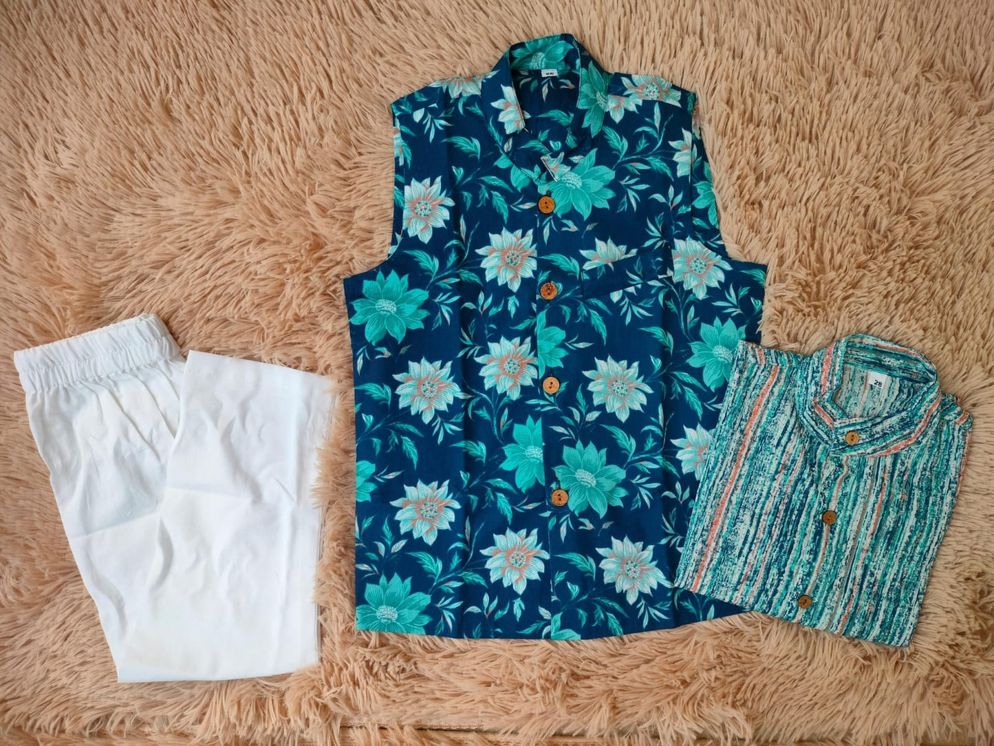 Turkish blue Three piece (jacket, kurta and pajama) set for boys