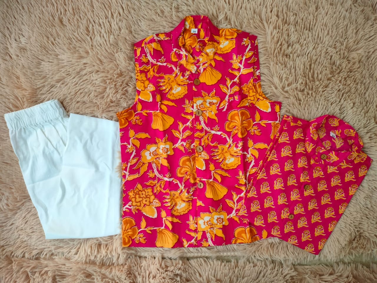 Pink yellow Three piece (jacket, kurta and pajama) set for boys