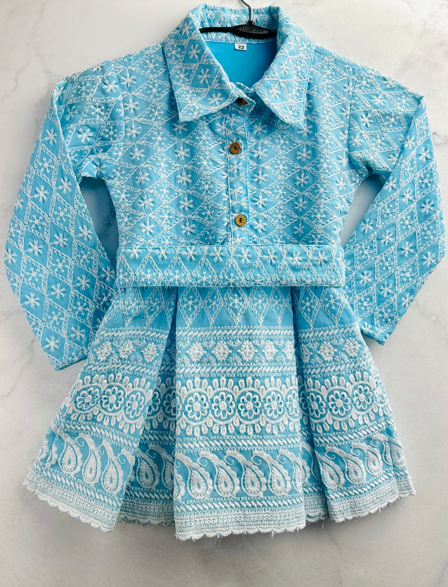 Baby blue Chikankari coord set for girls with belt