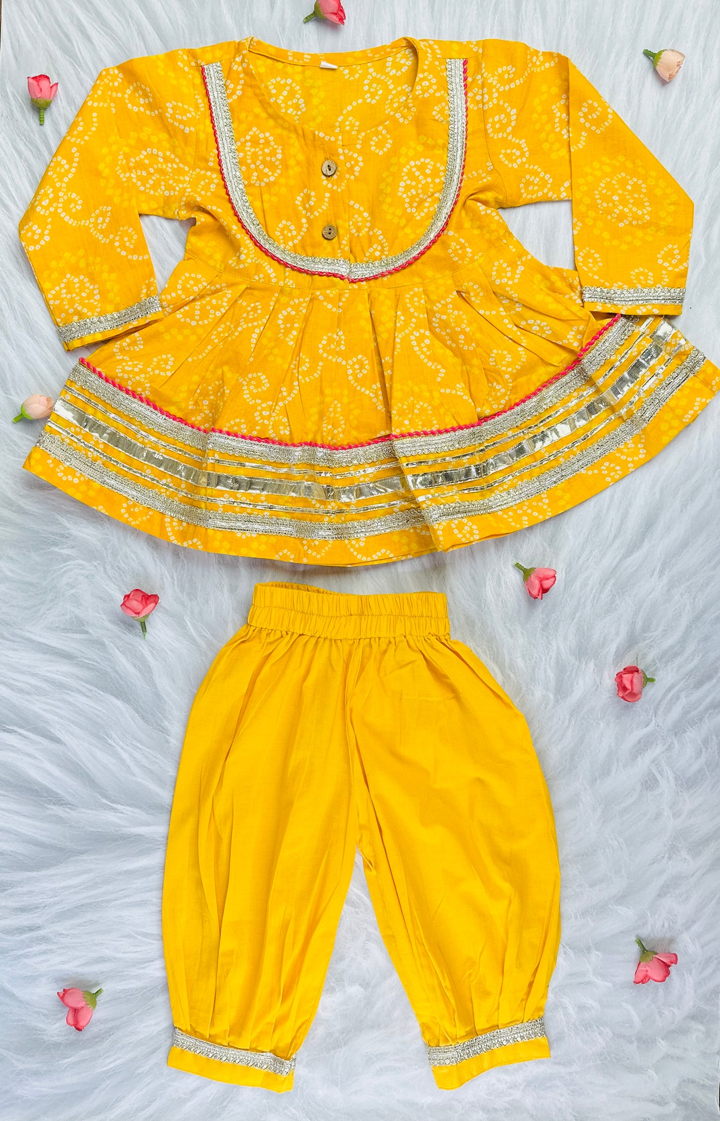 Mango Yellow Bandhej Coord set for girls in pure cotton
