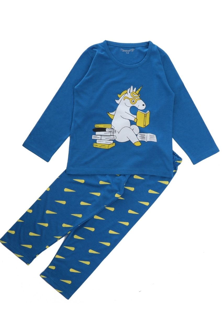 Blue Horse Co-ord Set Nightwear-Full Sleeves