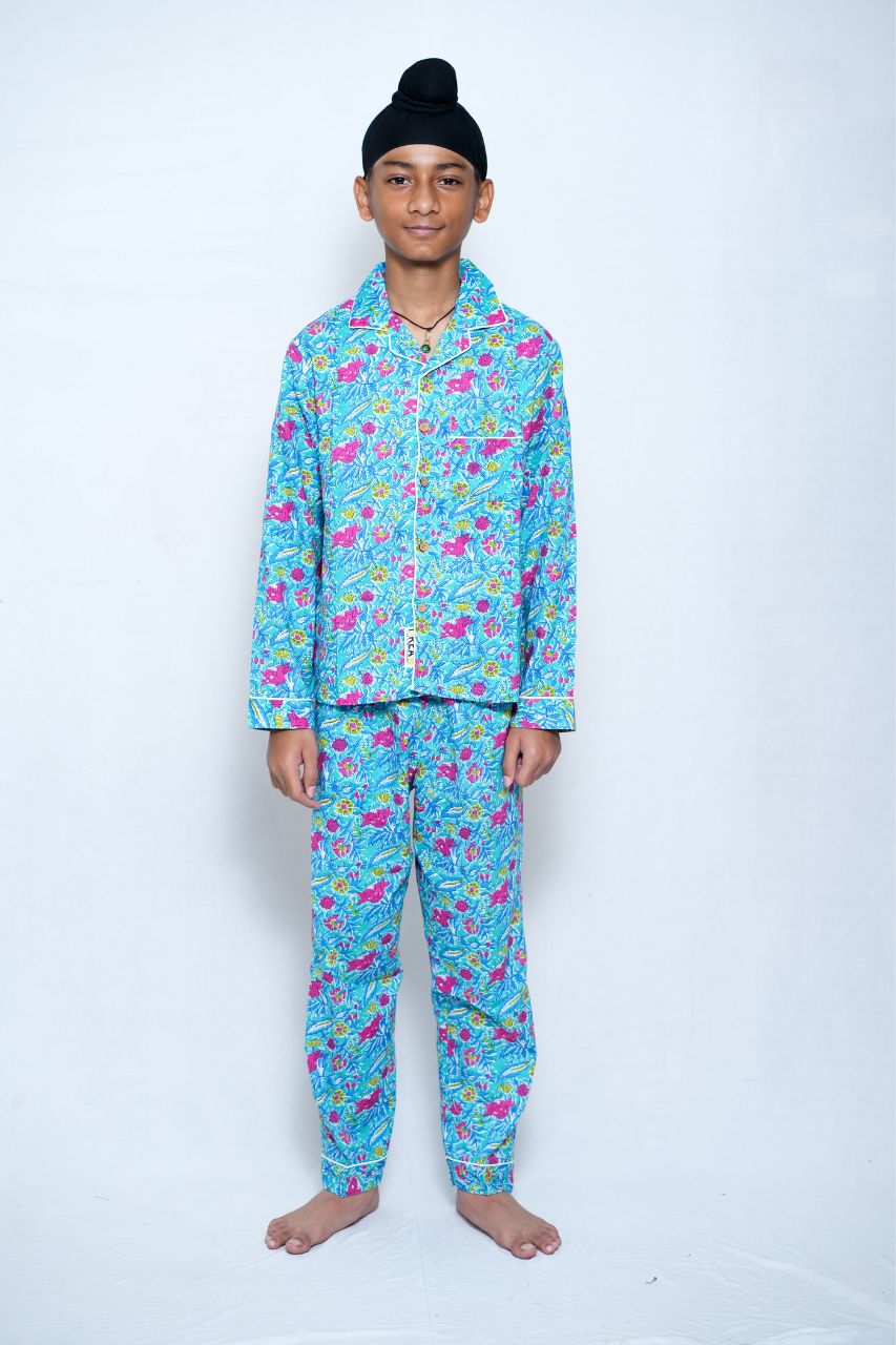 Blue Flora Bag Premium Nightsuit For Kids