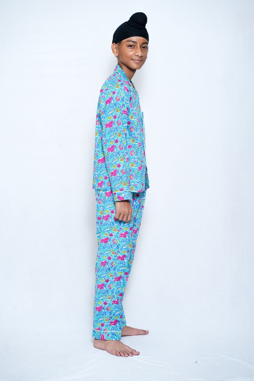 Blue Flora Bag Premium Nightsuit For Kids