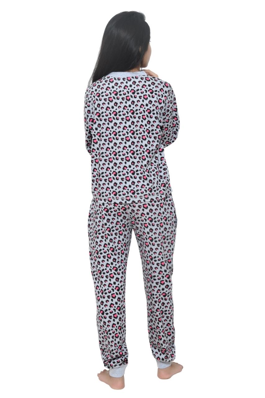 Pink Grey Cheetah Print Co-ord Set Nightwear-Full Sleeves