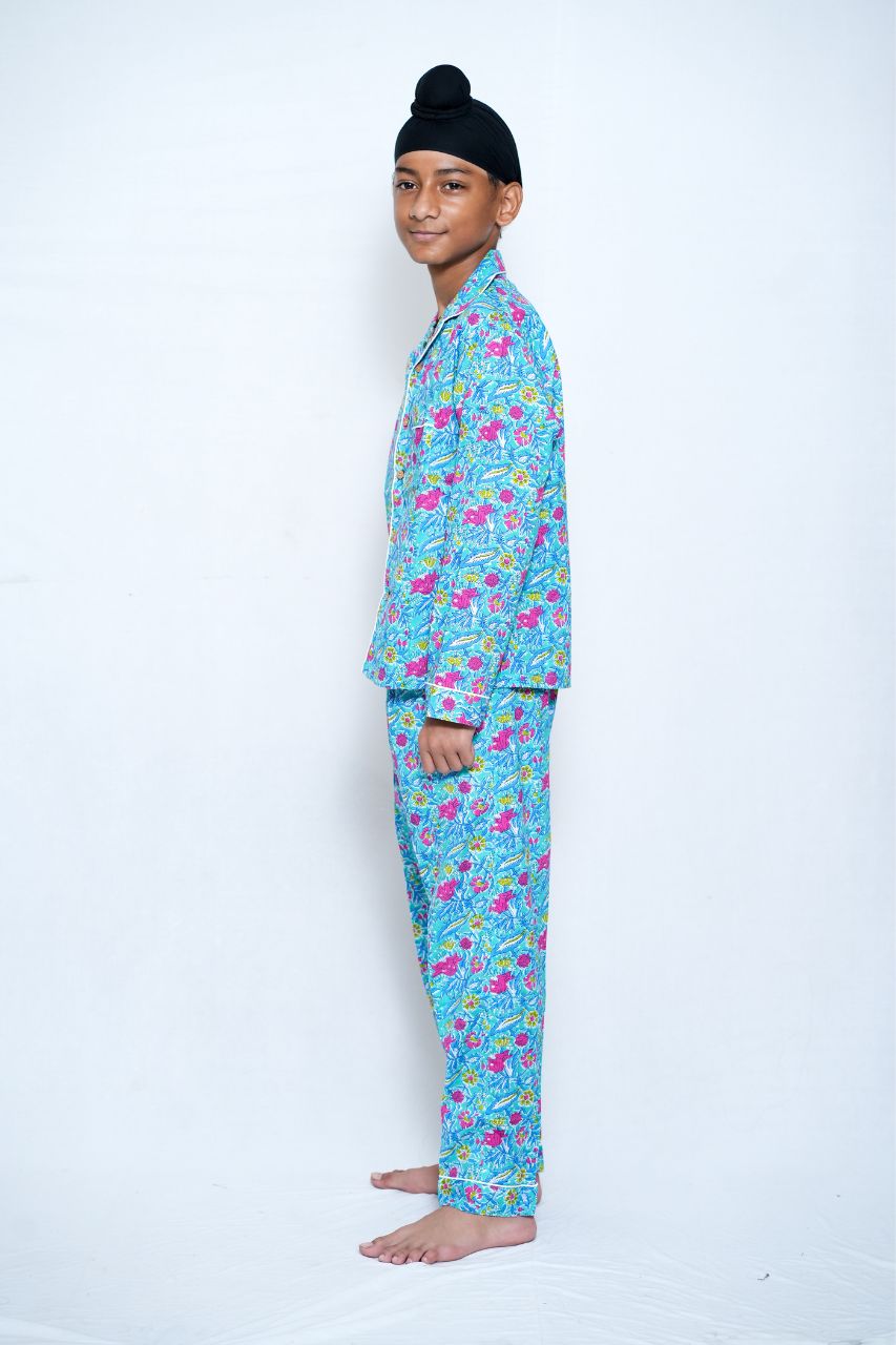Blue Flora Bag Premium Nightsuit For Kids
