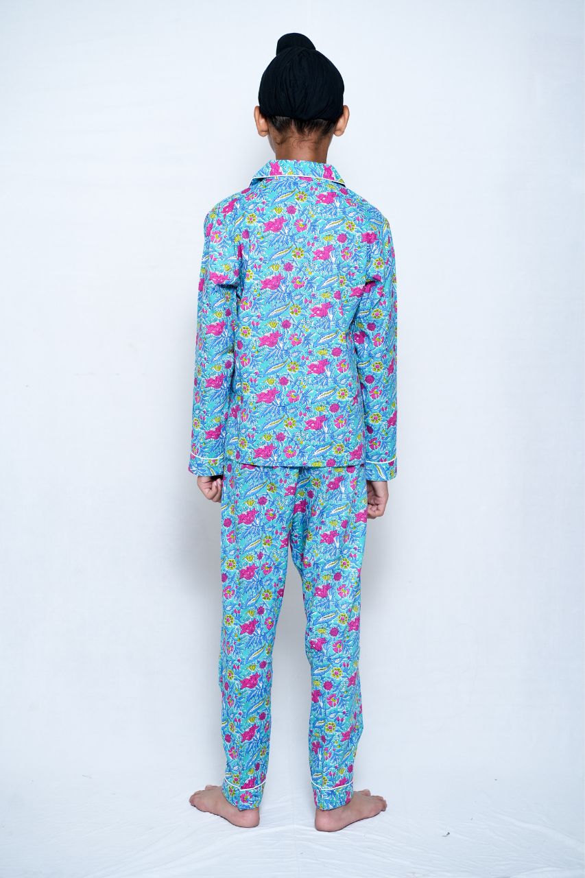 Blue Flora Bag Premium Nightsuit For Kids