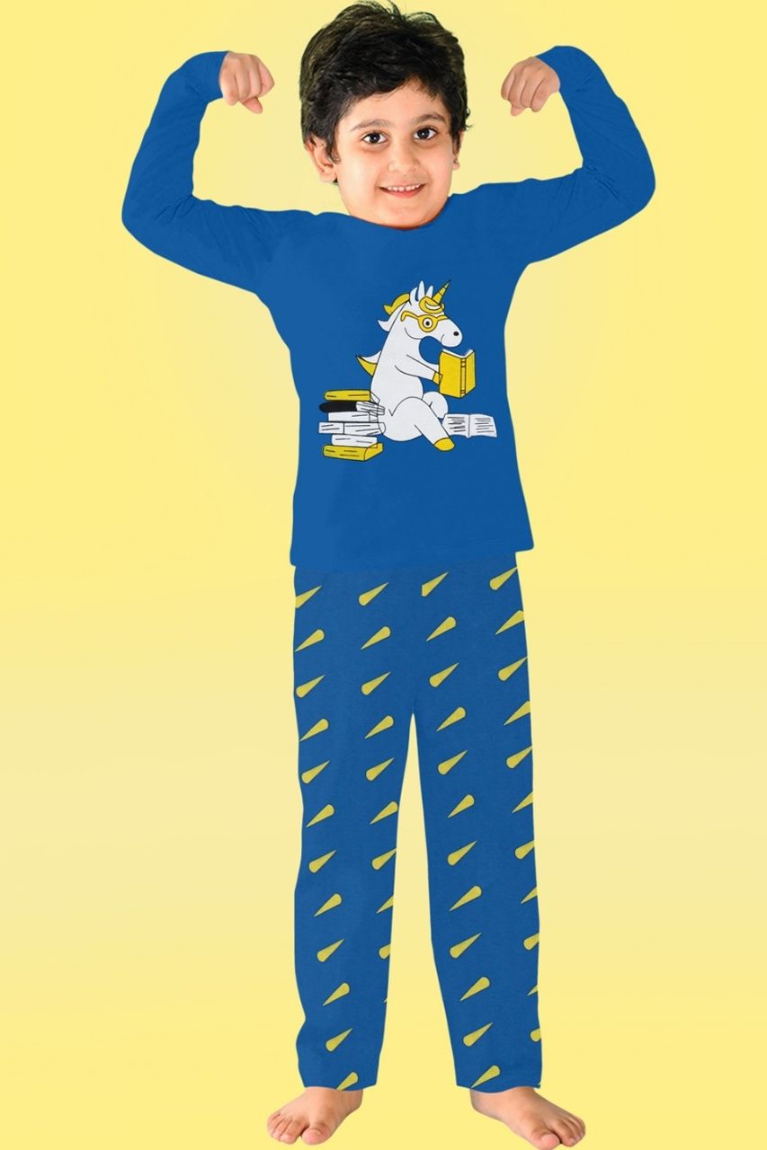 Blue Horse Co-ord Set Nightwear-Full Sleeves