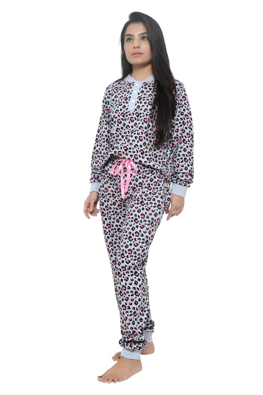 Pink Grey Cheetah Print Co-ord Set Nightwear-Full Sleeves