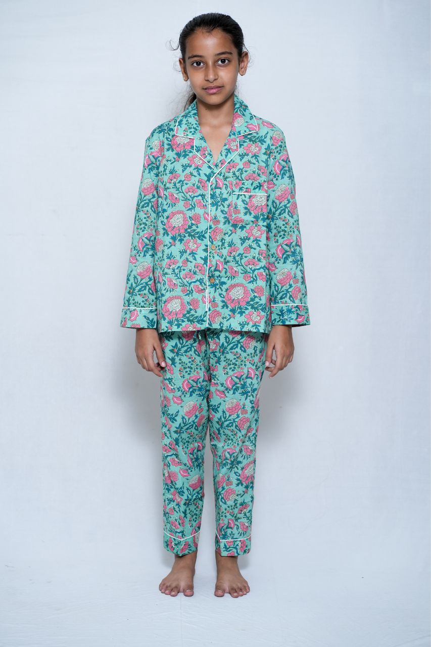 Sea Pink Flora Bag Premium Nightsuit For Kids