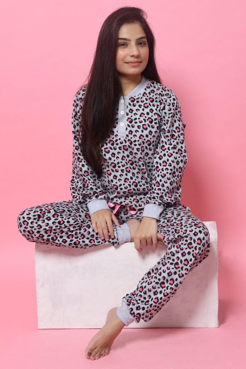 Pink Grey Cheetah Print Co-ord Set Nightwear-Full Sleeves
