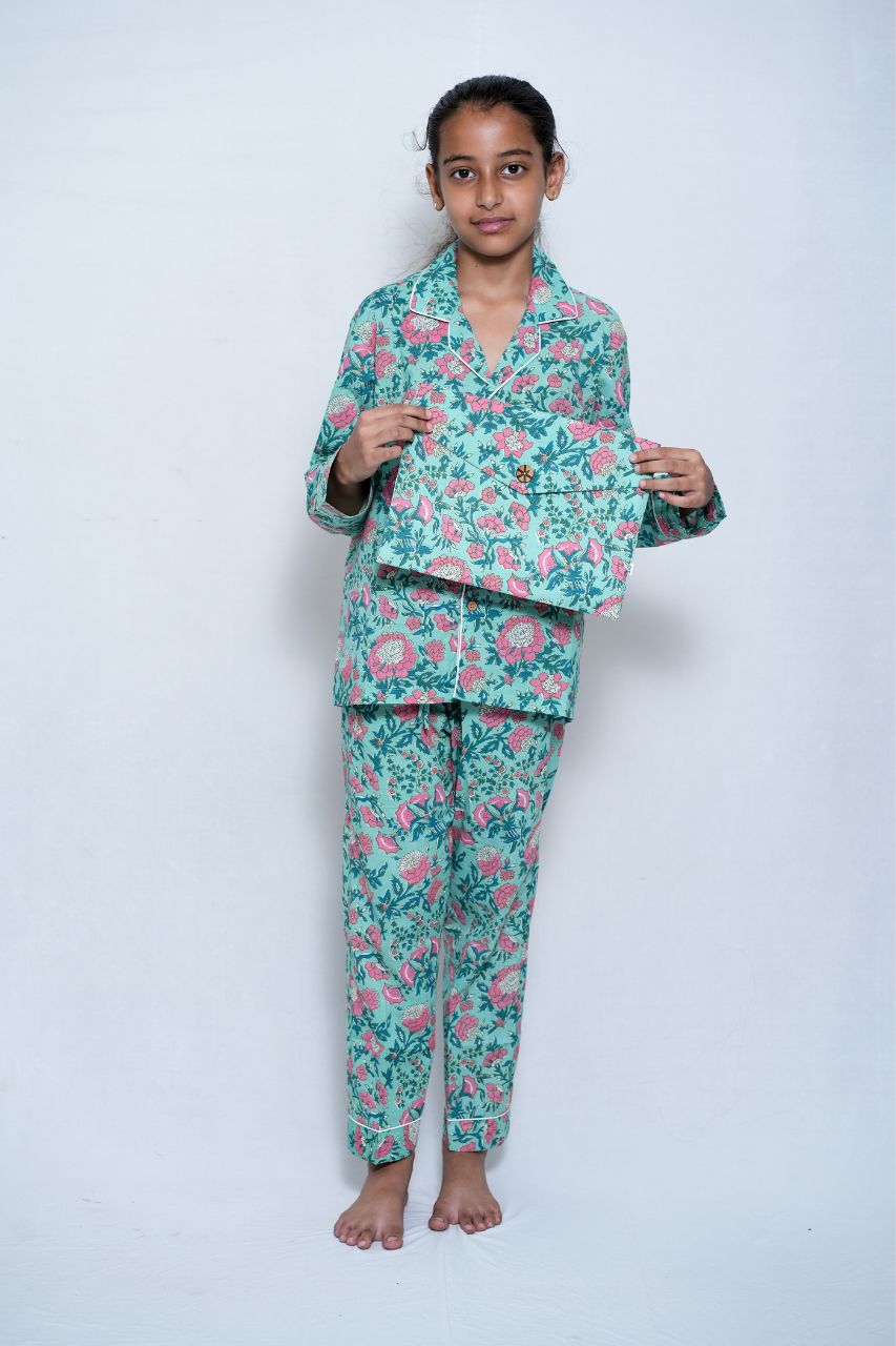 Sea Pink Flora Bag Premium Nightsuit For Kids
