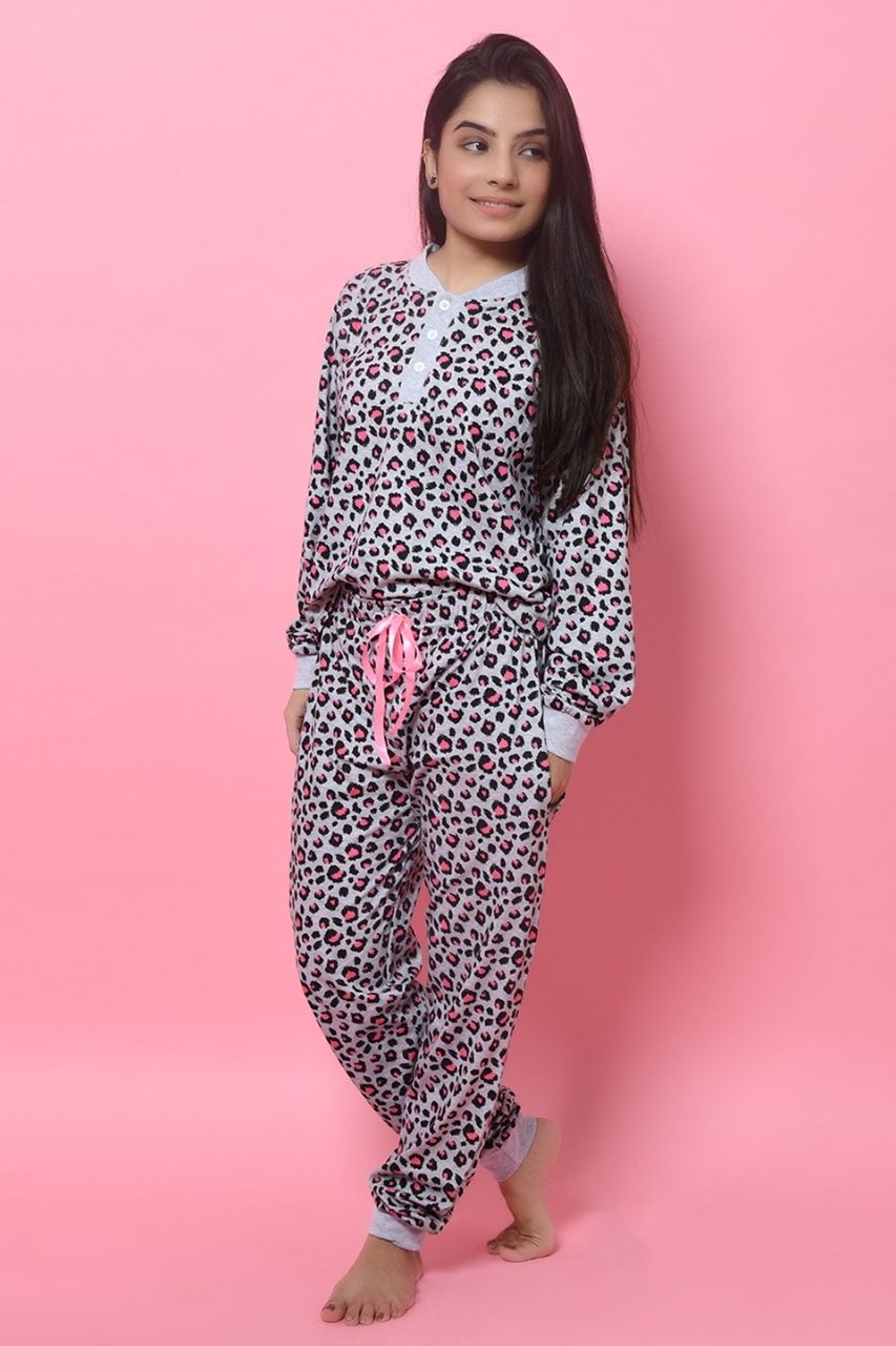 Pink Grey Cheetah Print Co-ord Set Nightwear-Full Sleeves