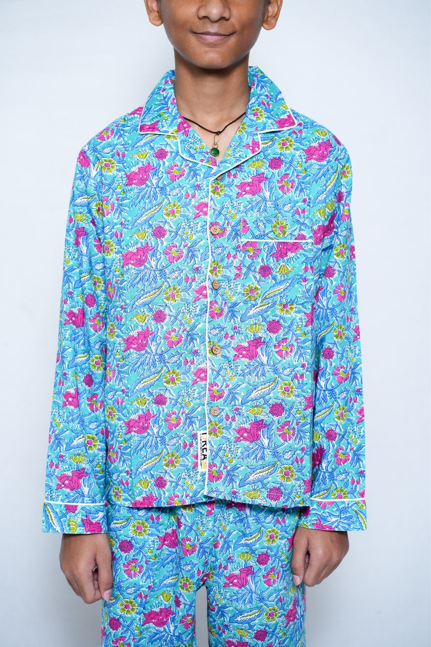 Blue Flora Bag Premium Nightsuit For Kids