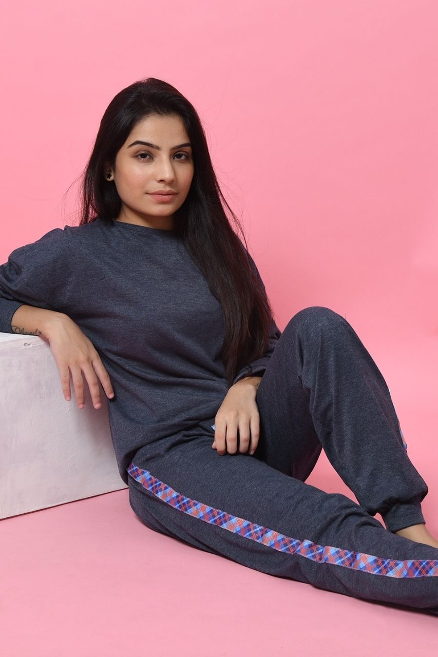 Dark Grey Co-ord Set Nightwear-Full Sleeves