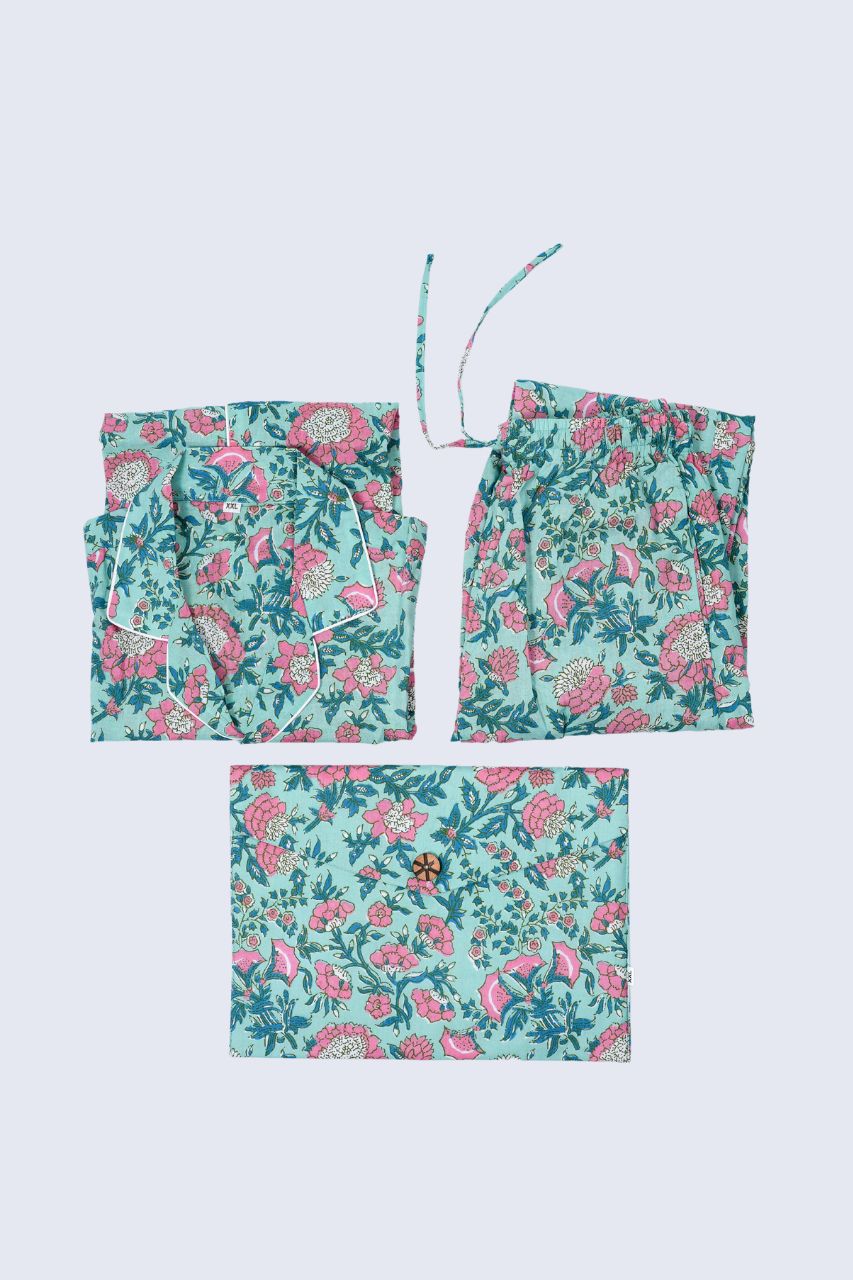 Sea Pink Flora Bag Premium Nightsuit For Kids