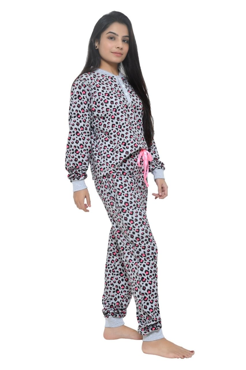 Pink Grey Cheetah Print Co-ord Set Nightwear-Full Sleeves