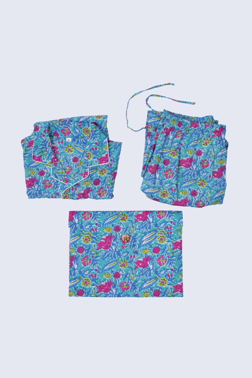 Blue Flora Bag Premium Nightsuit For Kids