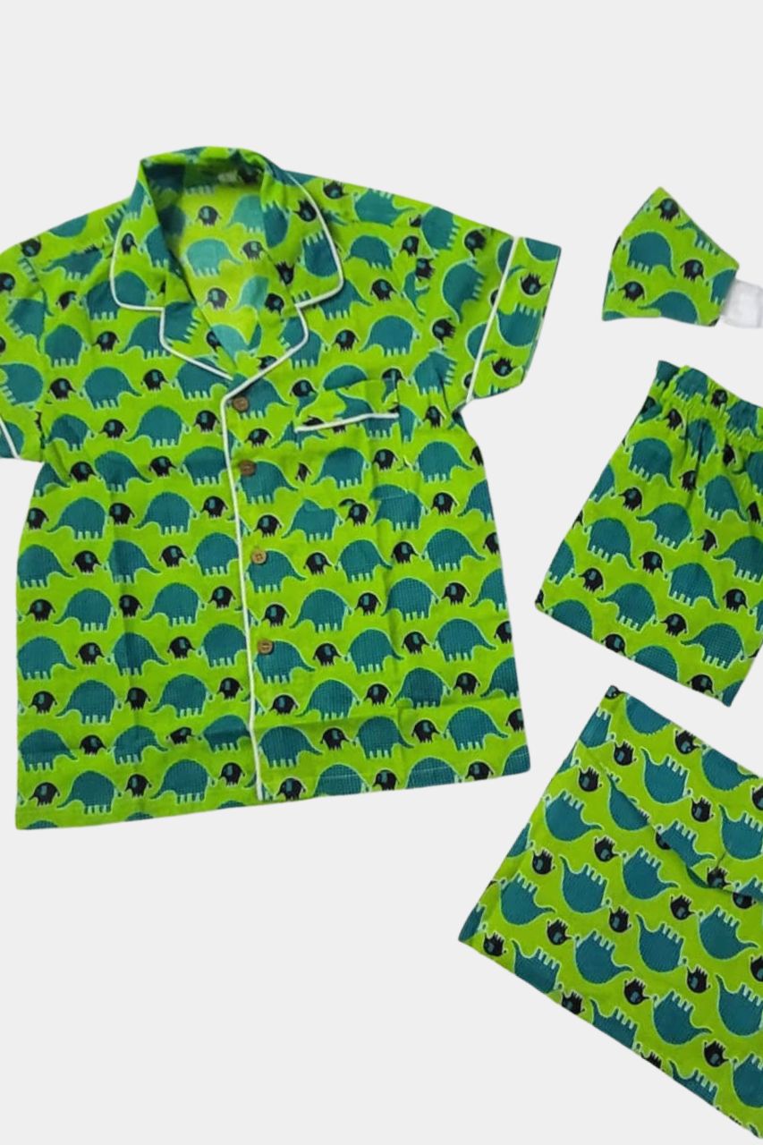 Green Blue Elephant Kids Pure Cotton Bag Nightsuit