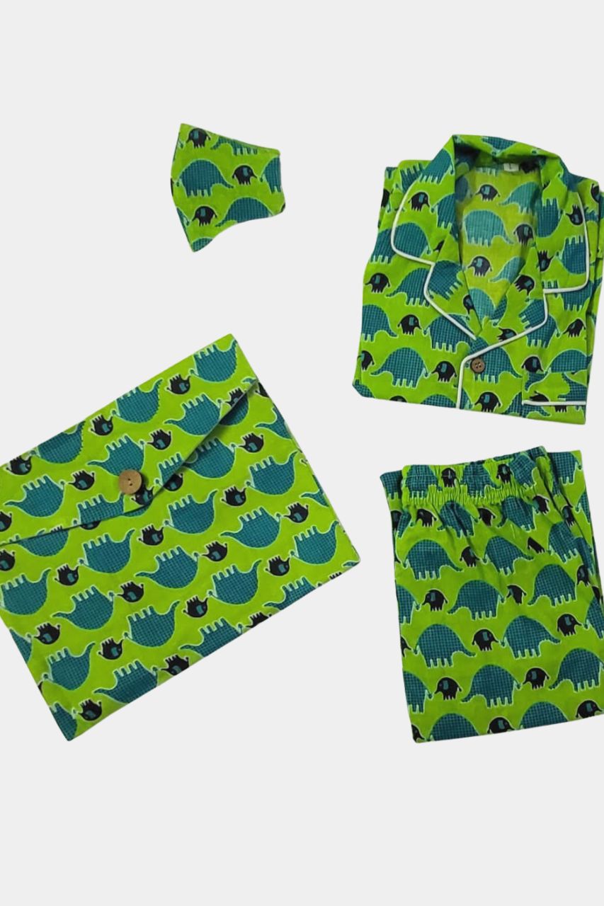 Green Blue Elephant Kids Pure Cotton Bag Nightsuit