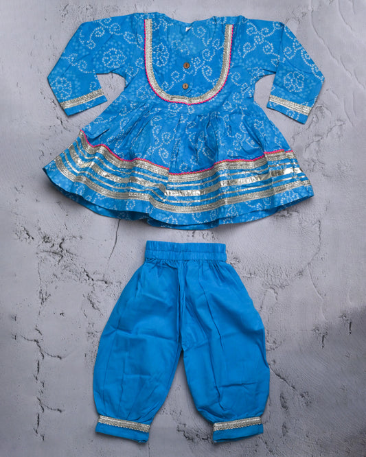 Sky Blue Bandhej coord set for girls in pure cotton