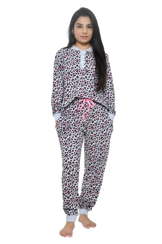 Pink Grey Cheetah Print Co-ord Set Nightwear-Full Sleeves